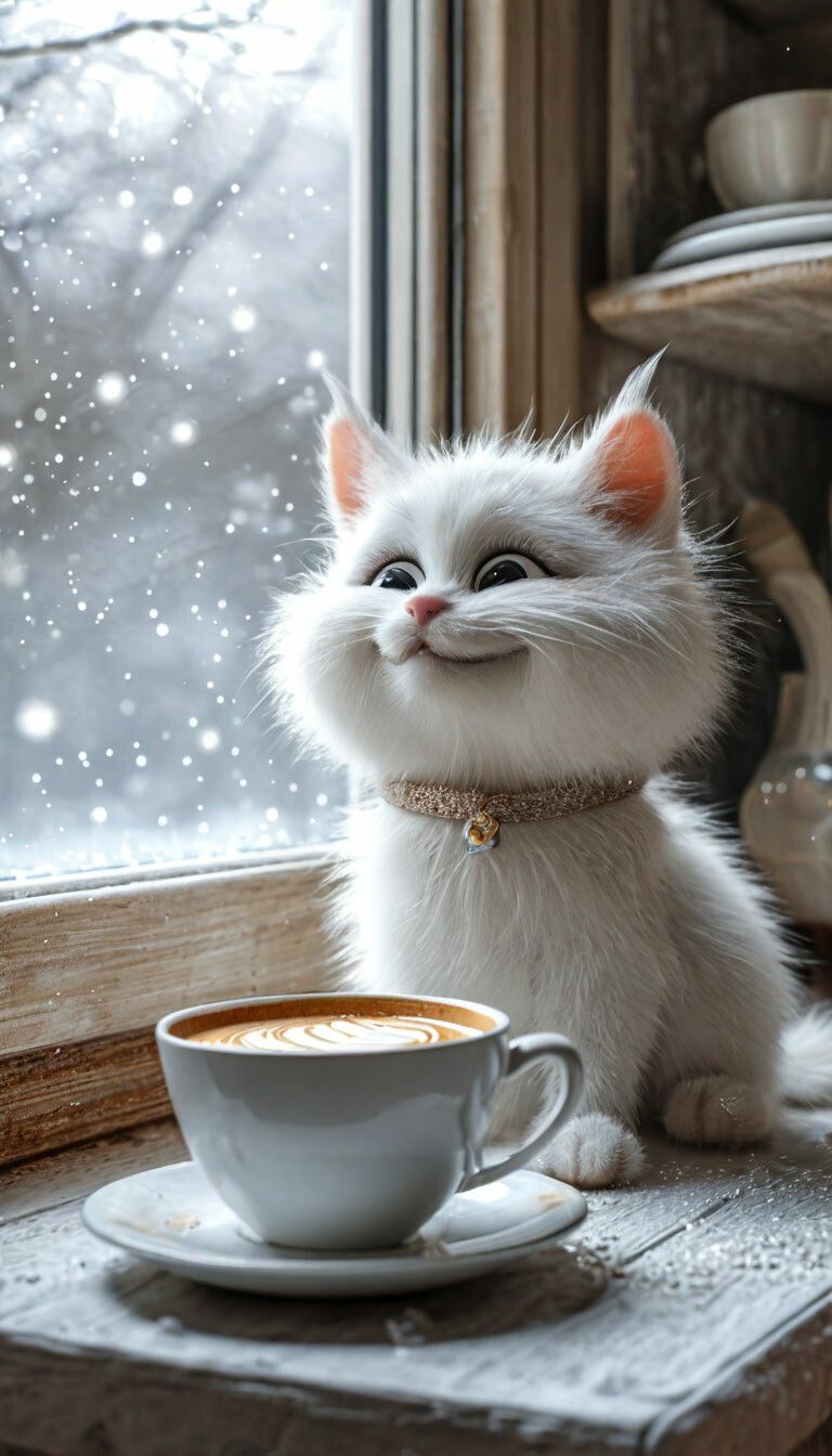 Открытка «С добрым утром»: Милый кот, кофе и снежное доброе утро. Тэги: кот, животное, пожелание, позитивная, отлично…