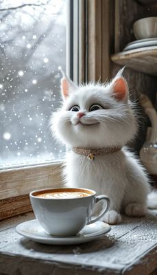 Открытка «С добрым утром»: Милый кот, кофе и снежное доброе утро. Тэги: кот, животное, пожелание, позитивная, отлично…
