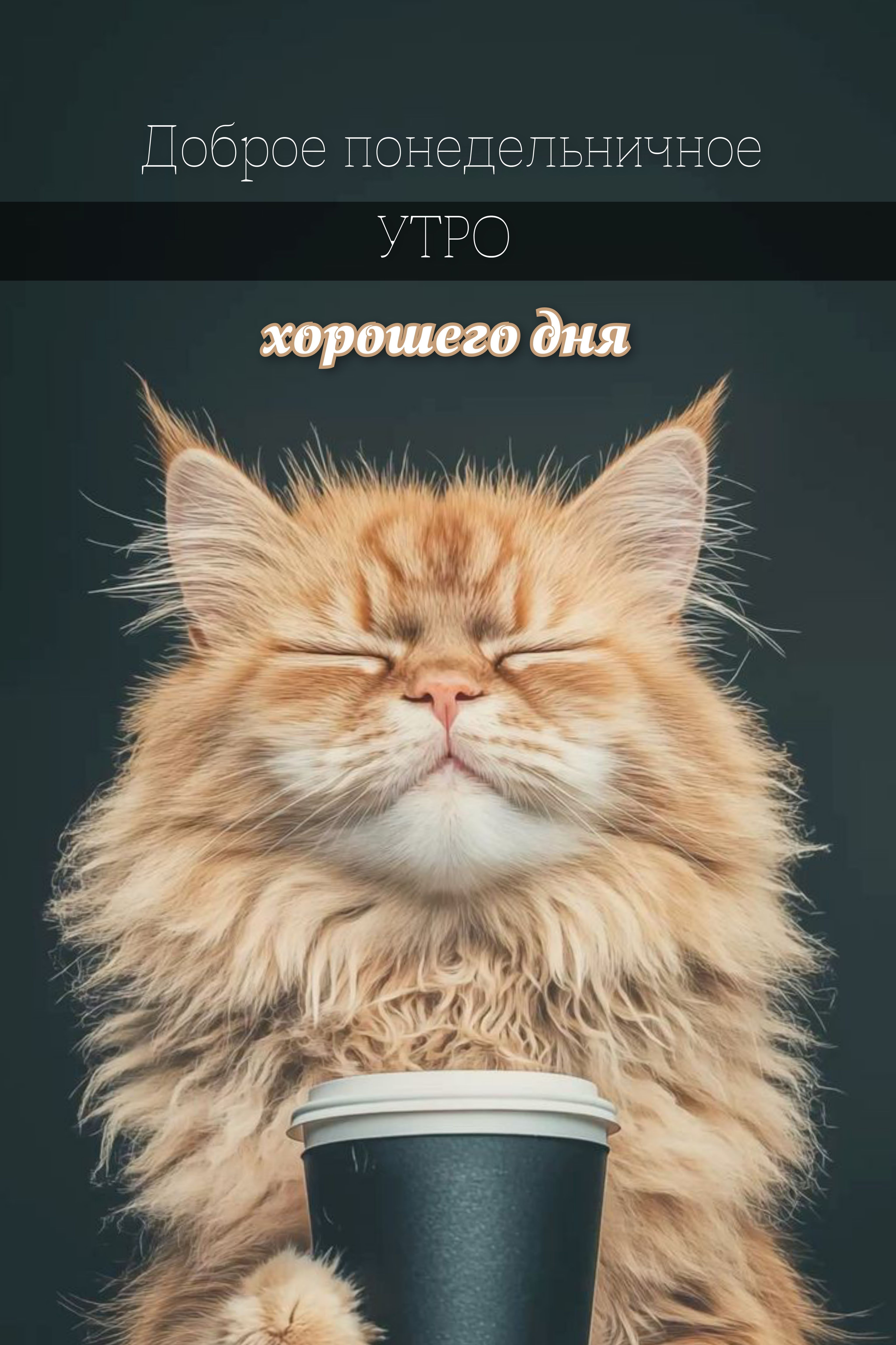 Открытка «С добрым утром»: Пушистое доброе понедельничное утро. Тэги: кот, животное, пожелание, позитивная, хорошего…