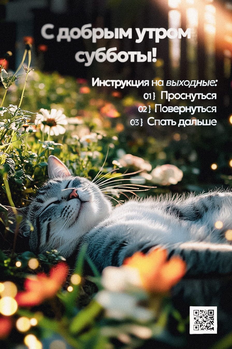 Открытка «С добрым утром»: Доброе утро субботы: инструкция от кота. Тэги: кот, животное, пожелание, позитивная…