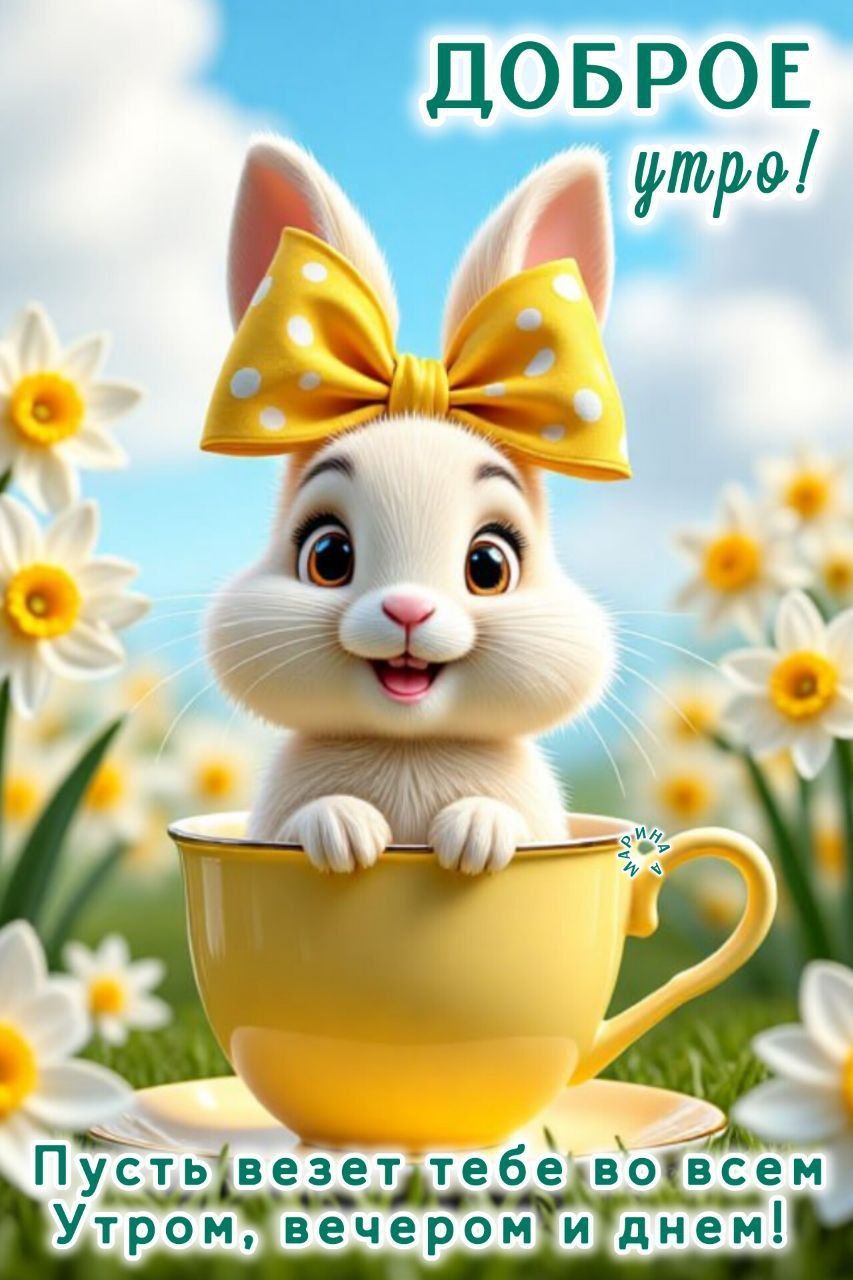 Открытка «С добрым утром»: Доброе утро с милым зайчиком и удачей!. Тэги: животное, пожелание, позитивная, хорошего дня…