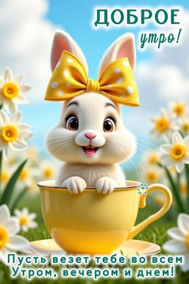 Открытка «С добрым утром»: Доброе утро с милым зайчиком и удачей!. Тэги: животное, пожелание, позитивная, хорошего дня…