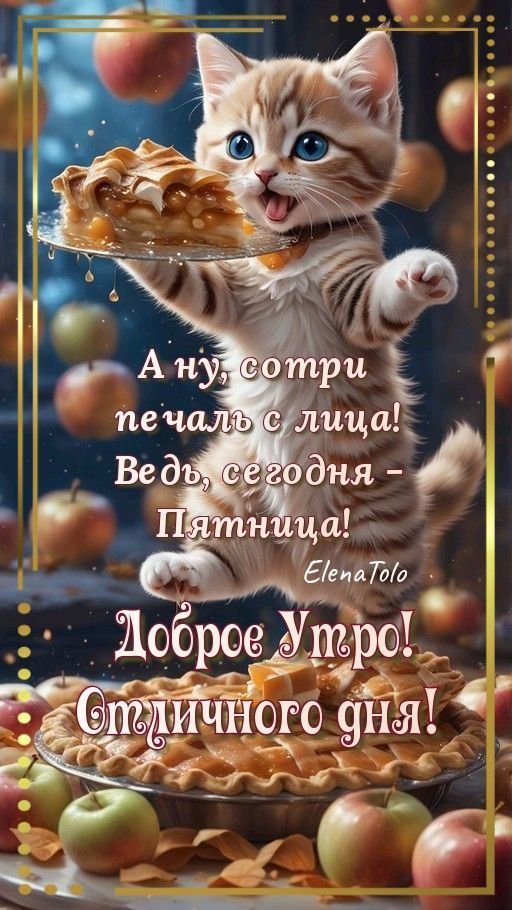 Открытка «С добрым утром»: Котик с пирогом и позитивным утром пятницы!. Тэги: кот, животное, пожелание, позитивная…