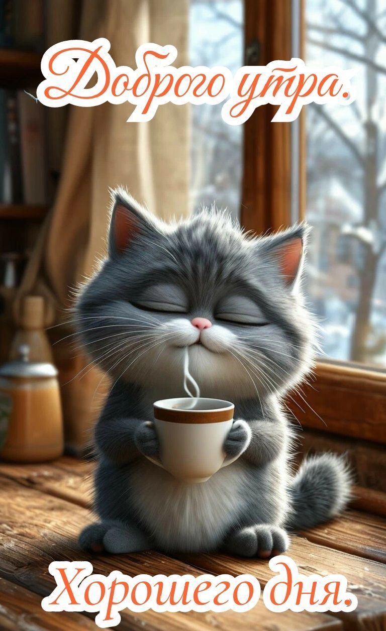 Открытка «С добрым утром»: Уютное доброе утро с милым котиком и чашкой тепла. Тэги: кот, животное, пожелание, позитив…