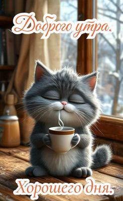 Открытка «С добрым утром»: Уютное доброе утро с милым котиком и чашкой тепла. Тэги: кот, животное, пожелание, позитив…