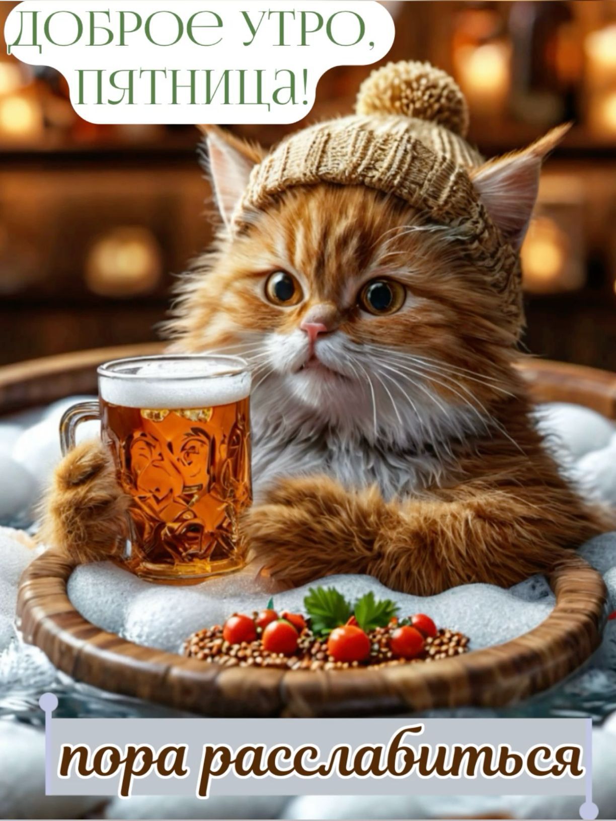 Открытка «С добрым утром»: Доброе утро, Пятница! Пора расслабиться с котом. Тэги: кот, животное, пожелание, позитивная…