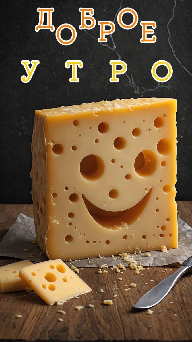 Открытка «С добрым утром»: Утро с улыбкой: сырный привет!. Тэги: пожелание, позитивная, хорошего дня, отличное настро…