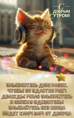 Открытка «С добрым утром»: С добрым утром! Улыбнись дню с милым котёнком. Тэги: кот, животное, пожелание, позитивная…