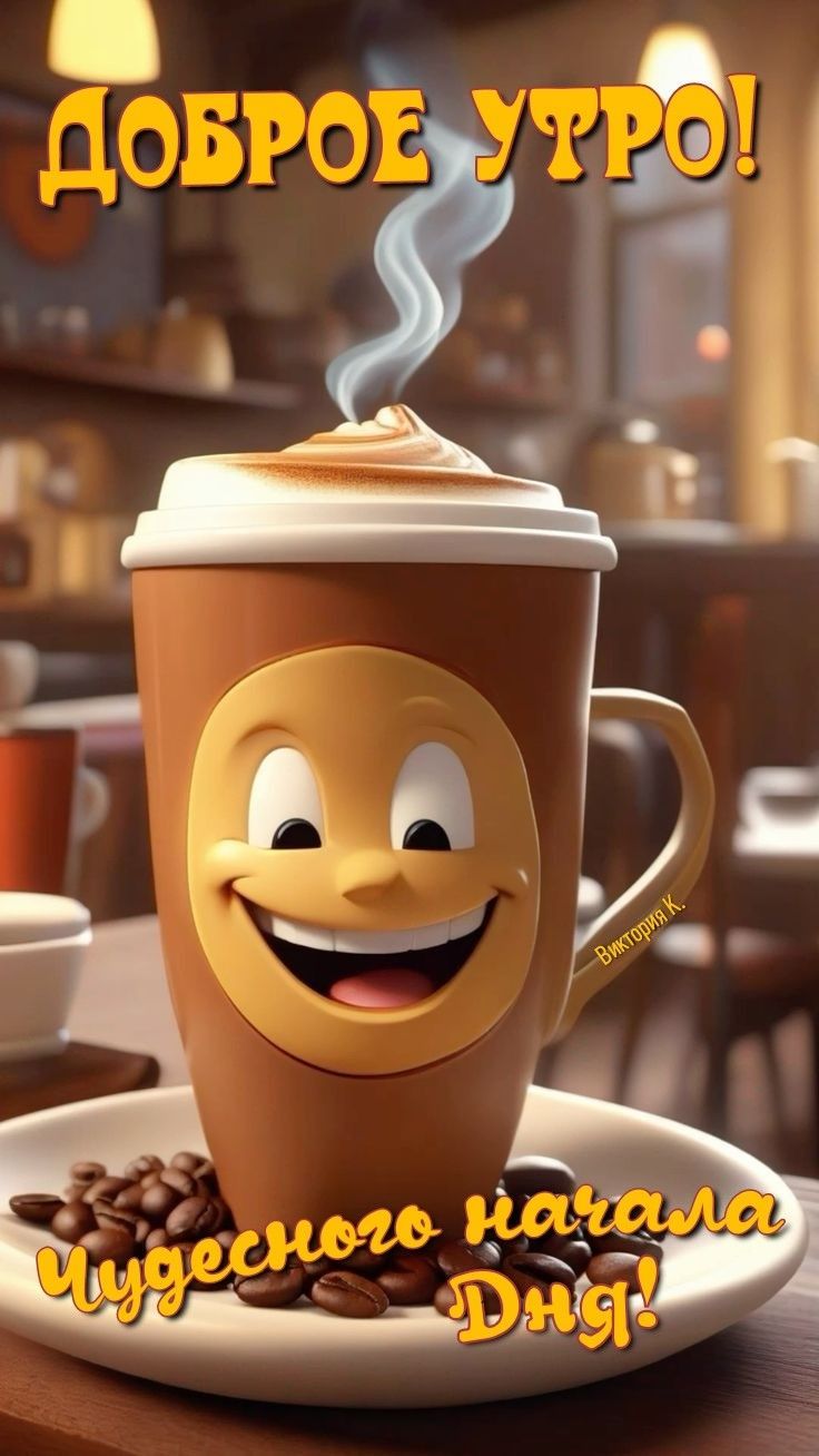 Открытка «С добрым утром»: Доброе утро! Улыбчивый кофе для чудесного дня. Тэги: пожелание, позитивная, хорошего дня…