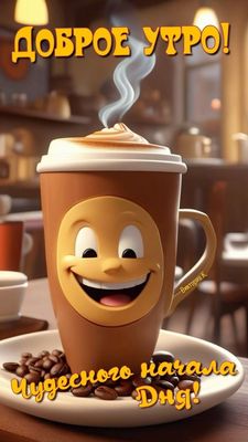 Открытка «С добрым утром»: Доброе утро! Улыбчивый кофе для чудесного дня. Тэги: пожелание, позитивная, хорошего дня…