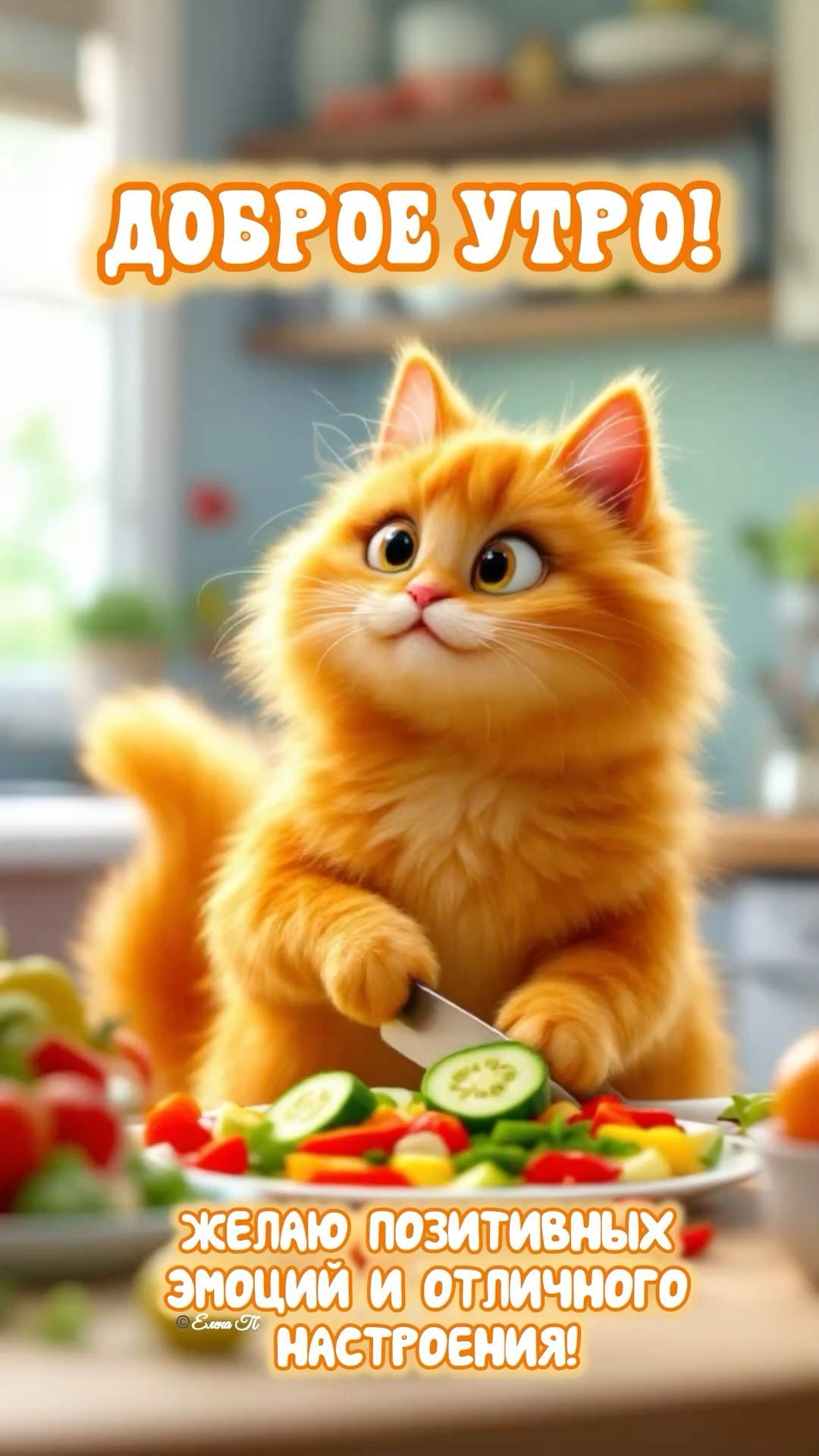 Открытка «С добрым утром»: Пушистый повар желает доброго утра и позитива!. Тэги: кот, животное, пожелание, позитивная…