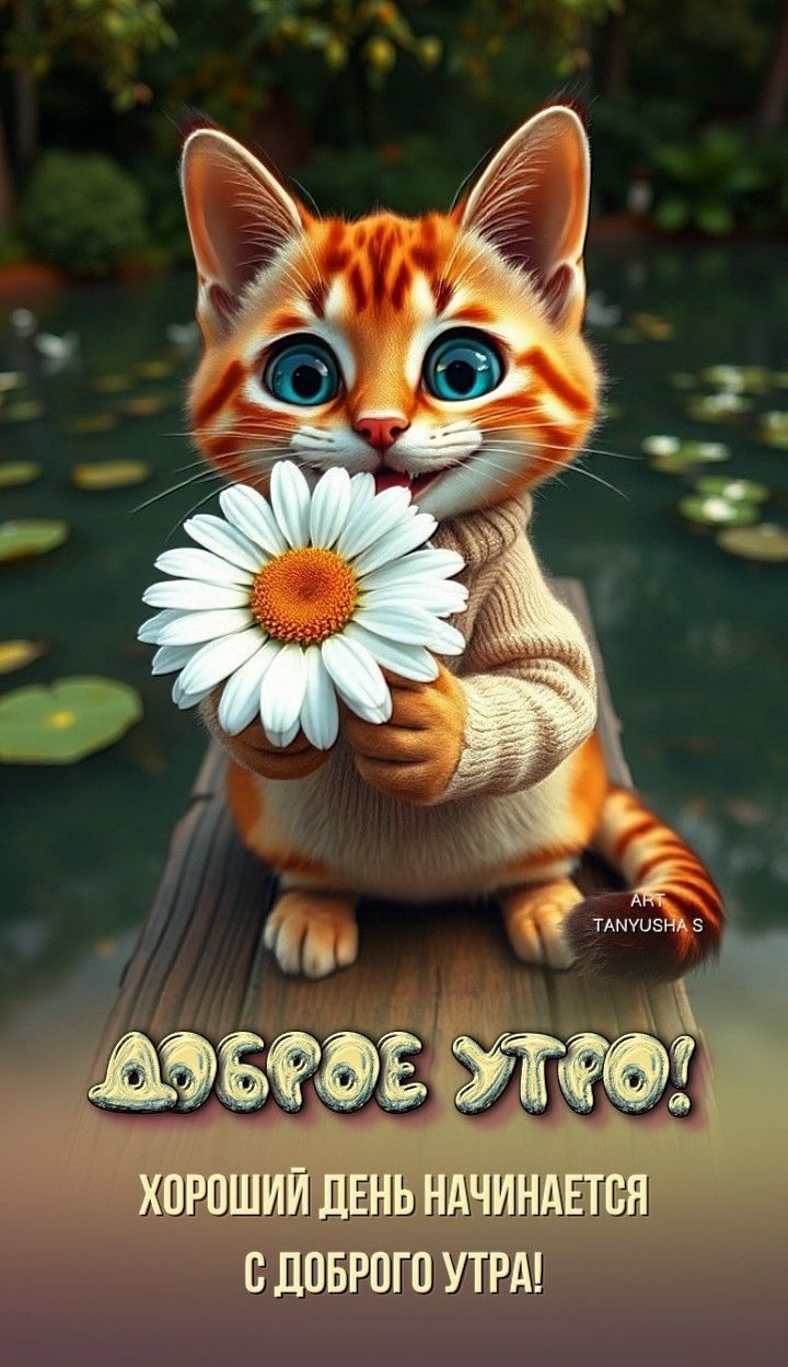 Открытка «С добрым утром»: Доброе утро: милый котик и ромашка для тебя. Тэги: кот, животное, пожелание, позитивная…