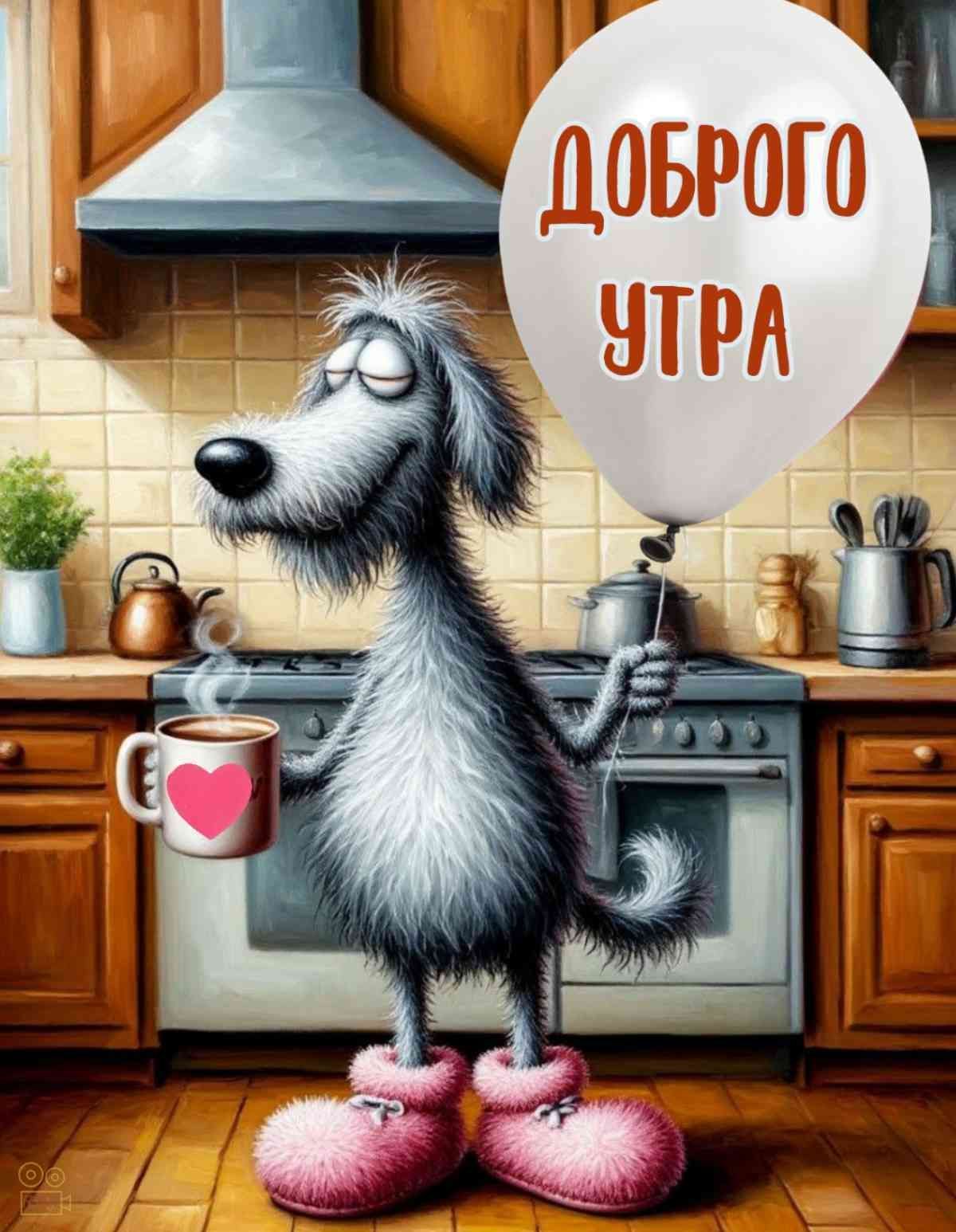 Открытка «С добрым утром»: Доброе утро: пушистый друг и ароматный кофе. Тэги: животное, пожелание, позитивная, хороше…