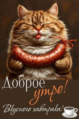 Открытка «С добрым утром»: Кот-обжора желает доброго утра и вкусного завтрака!. Тэги: кот, животное, пожелание…