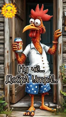 Открытка «С добрым утром»: С добрым утром: Забавный петух и классный день!. Тэги: животное, пожелание, позитивная…
