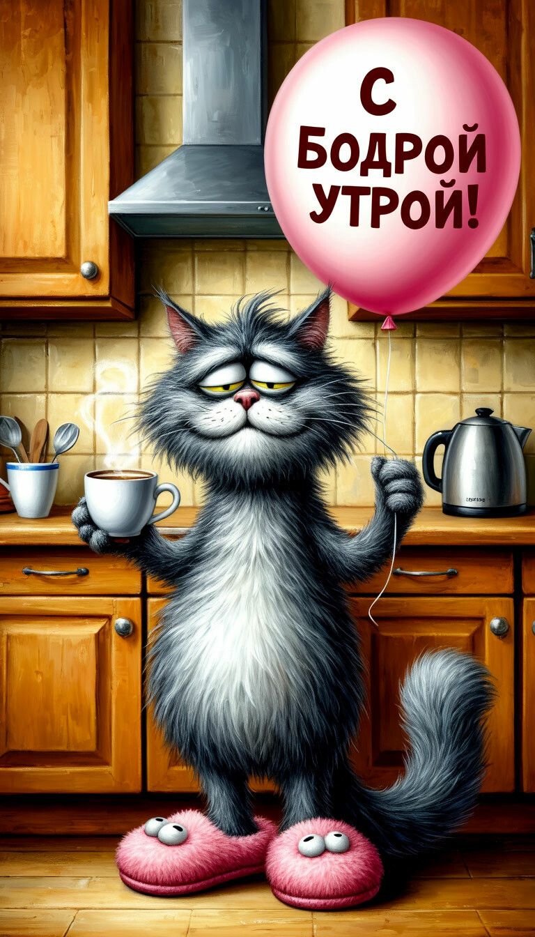 Открытка «С добрым утром»: Бодрое утро с пушистым котом и кофе. Тэги: кот, животное, пожелание, позитивная, отличное…