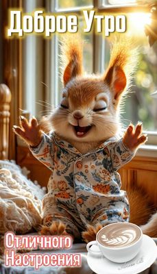 Открытка «С добрым утром»: Доброе утро и отличное настроение от милой белочки. Тэги: животное, пожелание, позитивная…