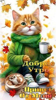 Открытка «С добрым утром»: Рыжий кот шлет осенний привет с чашечкой кофе. Тэги: кот, животное, пожелание, позитивная…
