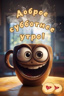 Открытка «С добрым утром»: Весёлое субботнее утро: улыбка и кофе. Тэги: пожелание, позитивная, отличное настроение…