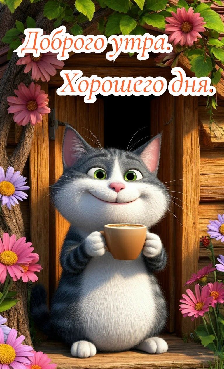 Открытка «С добрым утром»: Улыбчивый кот желает доброго утра и хорошего дня. Тэги: кот, животное, пожелание, позитивн…