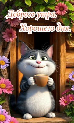 Открытка «С добрым утром»: Улыбчивый кот желает доброго утра и хорошего дня. Тэги: кот, животное, пожелание, позитивн…