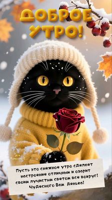 Открытка «С добрым утром»: Доброе утро: милый кот в шапке с красной розой. Тэги: кот, животное, пожелание, позитивная…