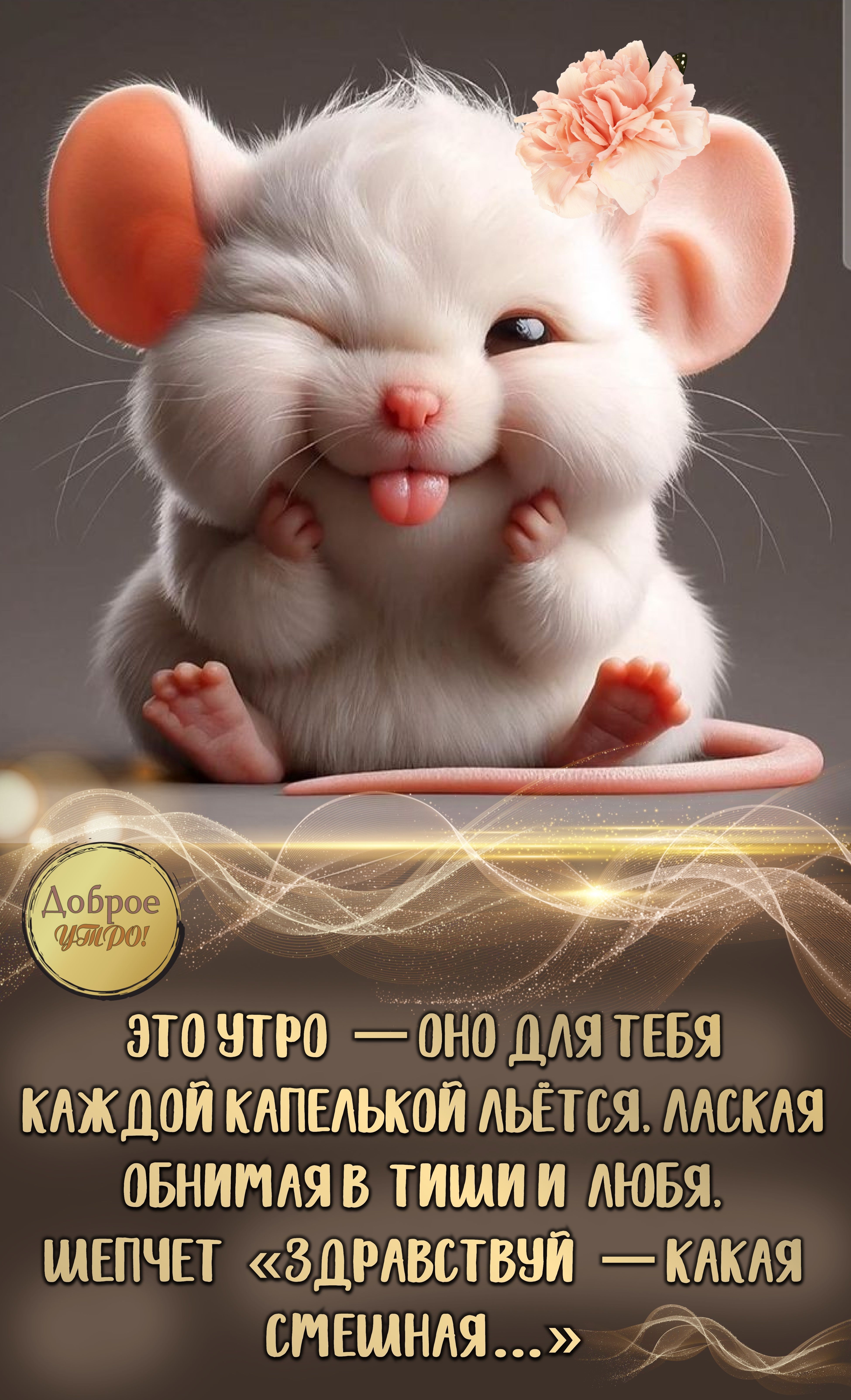 Открытка «С добрым утром»: Нежное доброе утро от смешной мышки с цветком. Тэги: животное, пожелание, позитивная…