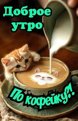 Открытка «С добрым утром»: По кофейку? Уютное доброе утро с милым котёнком!. Тэги: кот, животное, пожелание, позитивн…