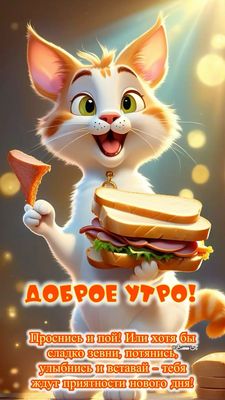 Открытка «С добрым утром»: Доброе утро: кот, сэндвич и позитивное пожелание. Тэги: кот, животное, пожелание, позитивн…