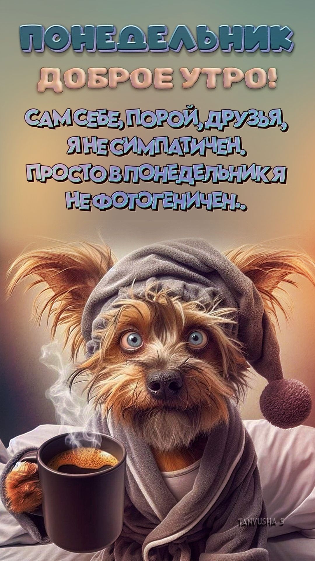 Открытка «С добрым утром»: Понедельник! Доброе утро от сонного пса. Тэги: животное, пожелание, позитивная, юмор…