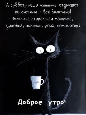 Открытка «С добрым утром»: Доброе утро: суббота по-женски, все включено!. Тэги: хорошего дня, кот, животное, пожелание…