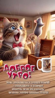 Открытка «С добрым утром»: Доброе утро с весёлым котом и мышкой!. Тэги: кот, животное, пожелание, позитивная, отлично…