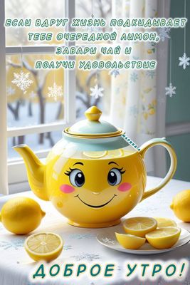 Открытка «С добрым утром»: Доброе утро! Чай с лимоном для бодрости духа.. Тэги: пожелание, позитивная, отличное настр…