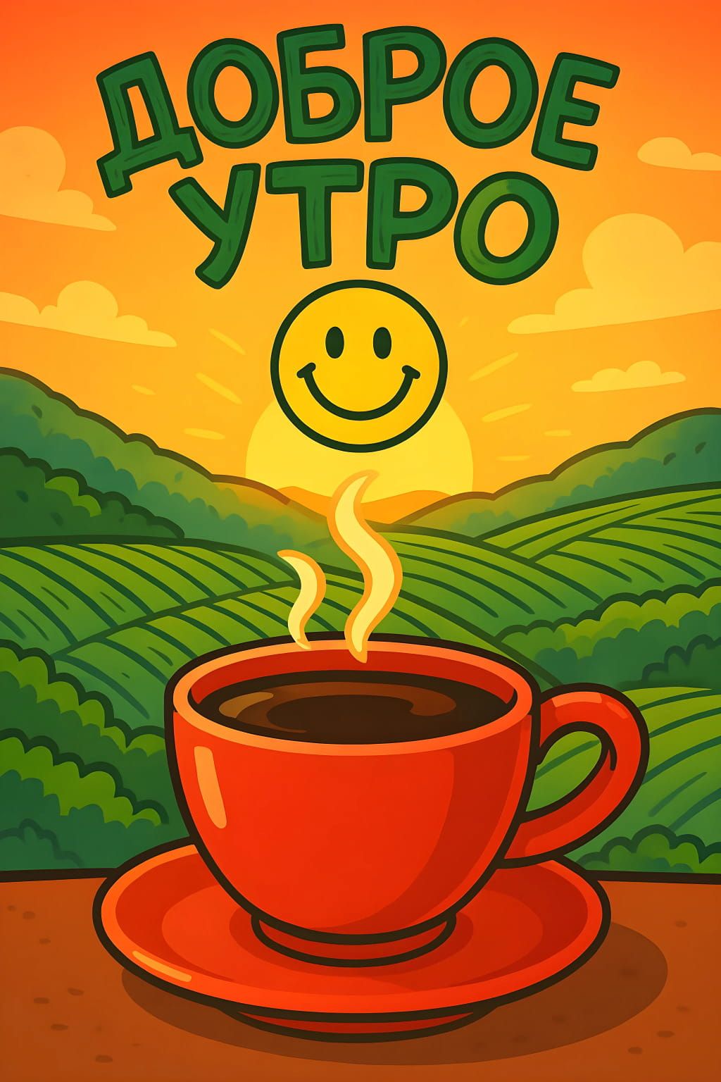 Открытка «С добрым утром»: Утро начинается с кофе, солнца и улыбки. Тэги: пожелание, позитивная, отличное настроение…