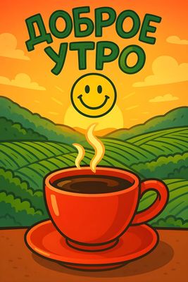 Открытка «С добрым утром»: Утро начинается с кофе, солнца и улыбки. Тэги: пожелание, позитивная, отличное настроение…