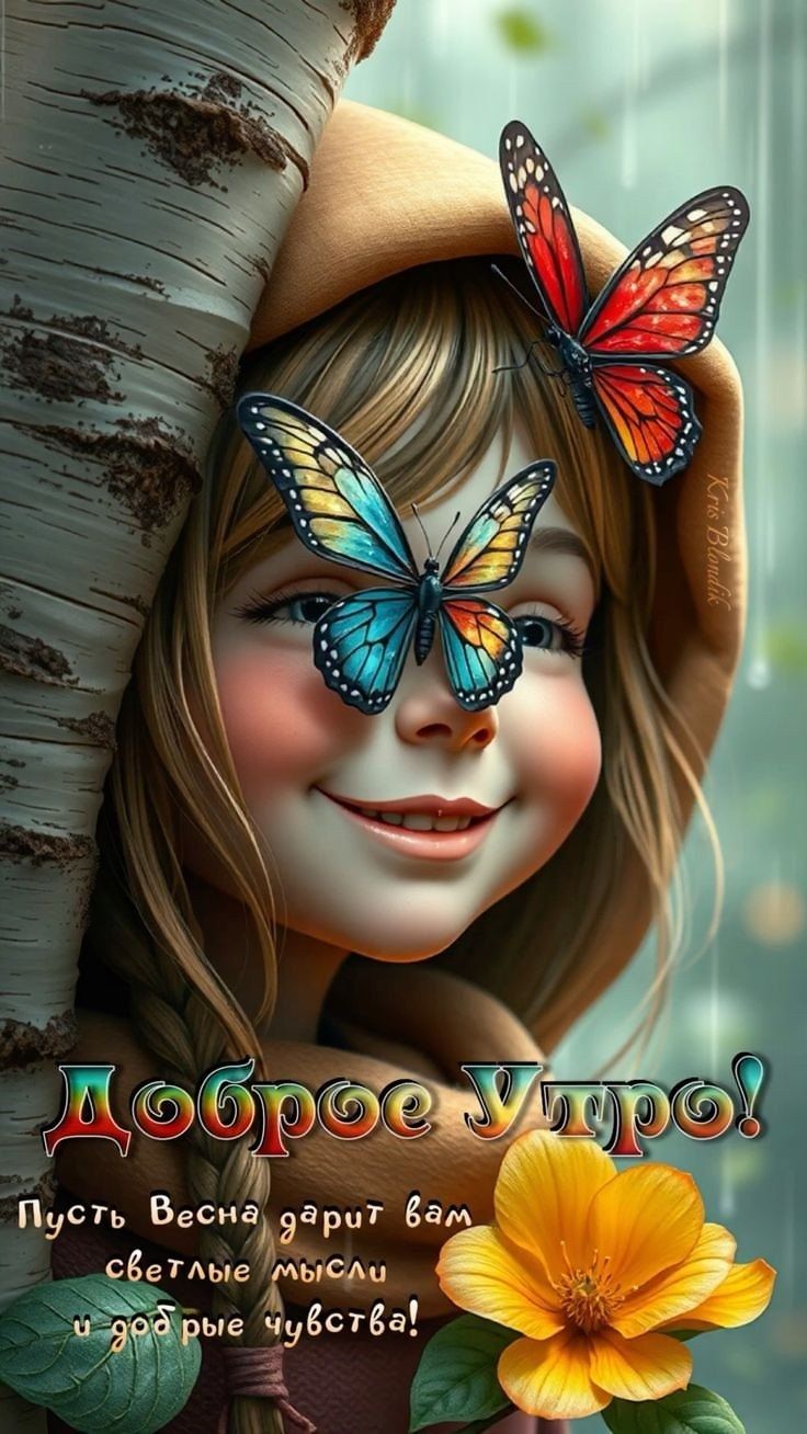 Открытка «С добрым утром»: Улыбка весны: доброе утро с бабочками. Тэги: С добрым весенним утром, С добрым, милым утром…