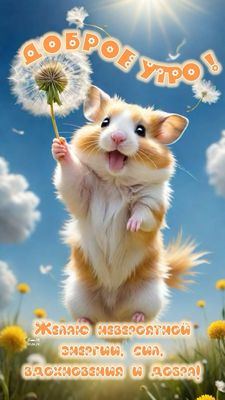Открытка «С добрым утром»: Доброе утро: Солнечный привет от хомячка!. Тэги: животное, пожелание, позитивная, отличное…