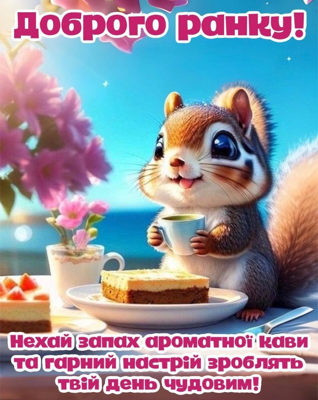 Открытка «С добрым утром»: Доброе утро! Милая белка, кофе и чудесный день!. Тэги: хорошего дня, животное, пожелание…