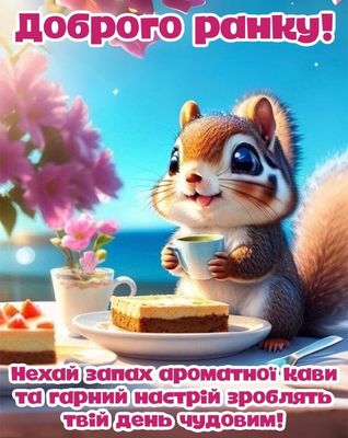 Открытка «С добрым утром»: Доброе утро! Милая белка, кофе и чудесный день!. Тэги: хорошего дня, животное, пожелание…