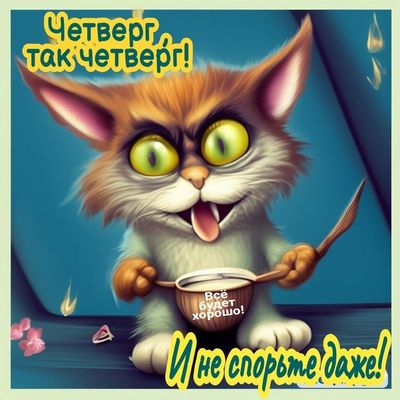 Открытка «С добрым утром»: Четверг? Доброе утро! Все будет хорошо, и не спорьте!. Тэги: хорошего дня, кот, животное…