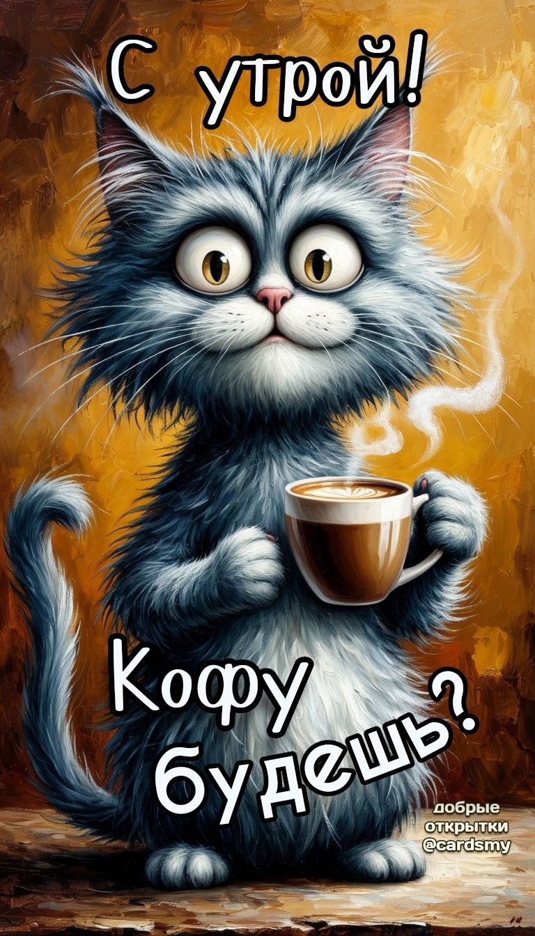 Открытка «С добрым утром»: С добрым утром! Пушистый кот и ароматный кофе. Тэги: хорошего дня, кот, животное, пожелание…