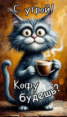 Открытка «С добрым утром»: С добрым утром! Пушистый кот и ароматный кофе. Тэги: хорошего дня, кот, животное, пожелание…
