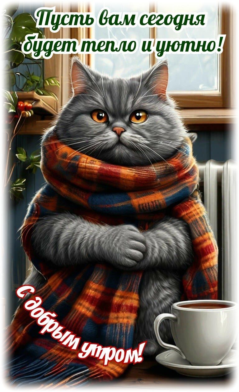 Открытка «С добрым утром»: С добрым утром! Пусть будет тепло и уютно!. Тэги: хорошего дня, кот, животное, пожелание…