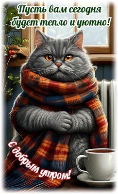 Открытка «С добрым утром»: С добрым утром! Пусть будет тепло и уютно!. Тэги: хорошего дня, кот, животное, пожелание…