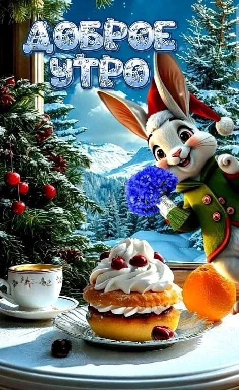 Открытка «С добрым утром»: Уютное доброе утро: зайка, зимний пейзаж и десерт. Тэги: животное, пожелание, позитивная…