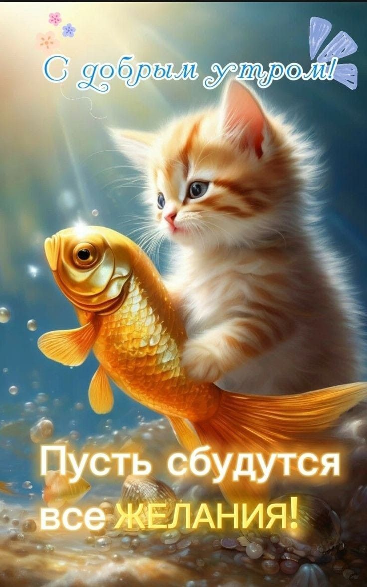 Открытка «С добрым утром»: Волшебное доброе утро: Котенок и Золотая Рыбка. Тэги: С добрым утром, для поднятия настрое…
