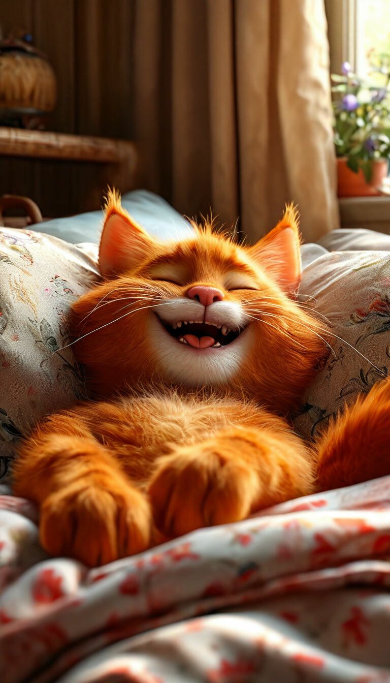 Открытка «С добрым утром»: С добрым утром! Рыжий кот с самой счастливой улыбкой. Тэги: кот, животное, пожелание…