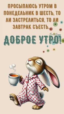Открытка «С добрым утром»: Доброе утро понедельника: кролик выбирает завтрак. Тэги: животное, пожелание, позитивная…
