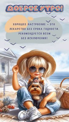 Открытка «С добрым утром»: Доброе утро! Девочка, собачка и летнее настроение. Тэги: животное, пожелание, позитивная…