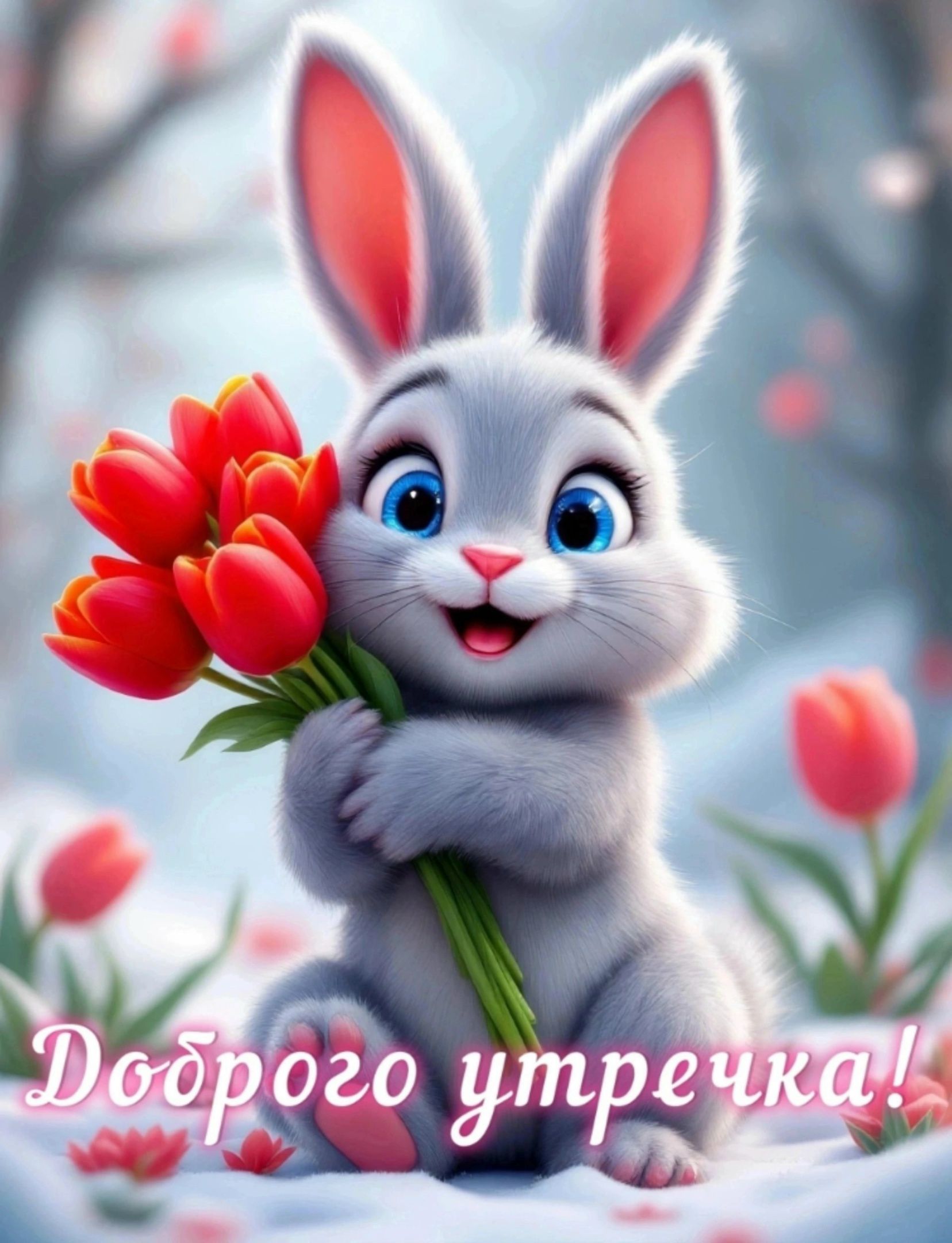 Открытка «С добрым утром»: Нежное доброе утро с милым зайчиком и тюльпанами. Тэги: животное, пожелание, позитивная…